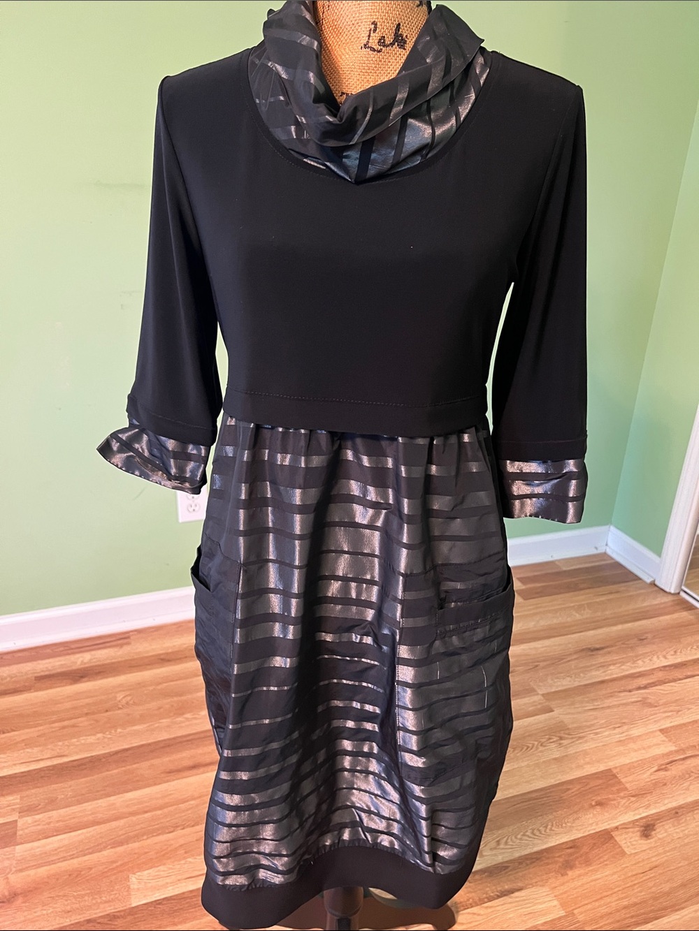 Joseph Ribkoff Black Long-Sleeve Mixed-Media Dress with Metallic Stripes
